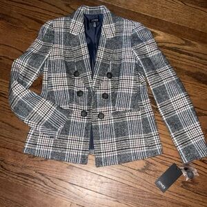 Jones New York Women's Gray Plaid Double-Breasted Blazer with Navy Lining